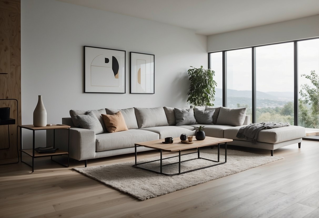 A modern, minimalist living room with sleek, modular furniture arranged in a functional and stylish manner