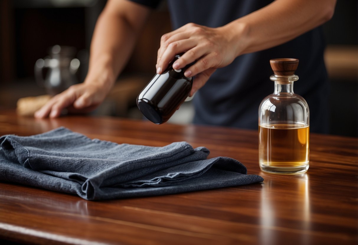 A person using a soft cloth to dust off a polished ironwood table, with a bottle of wood polish nearby