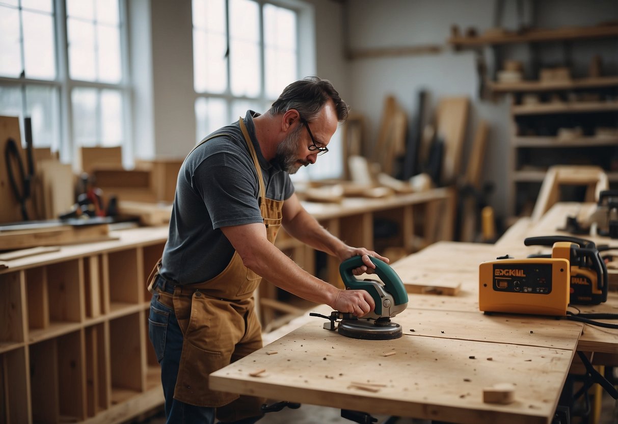 A furniture contractor measuring and cutting wood in a workshop with various tools and materials scattered around
