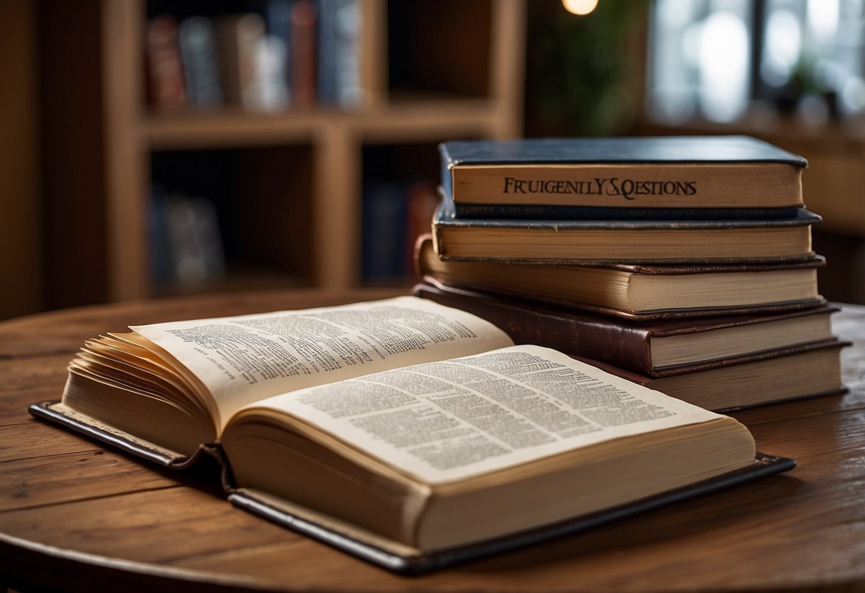An open book with "Frequently Asked Questions" on a wooden table surrounded by ironwood furniture pieces