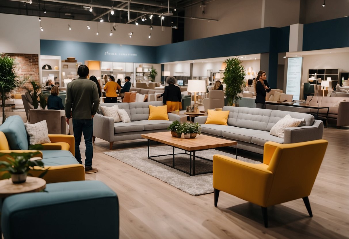 People browsing aisles of Furniture Central, admiring sofas and tables. Bright lighting highlights the showroom's modern decor
