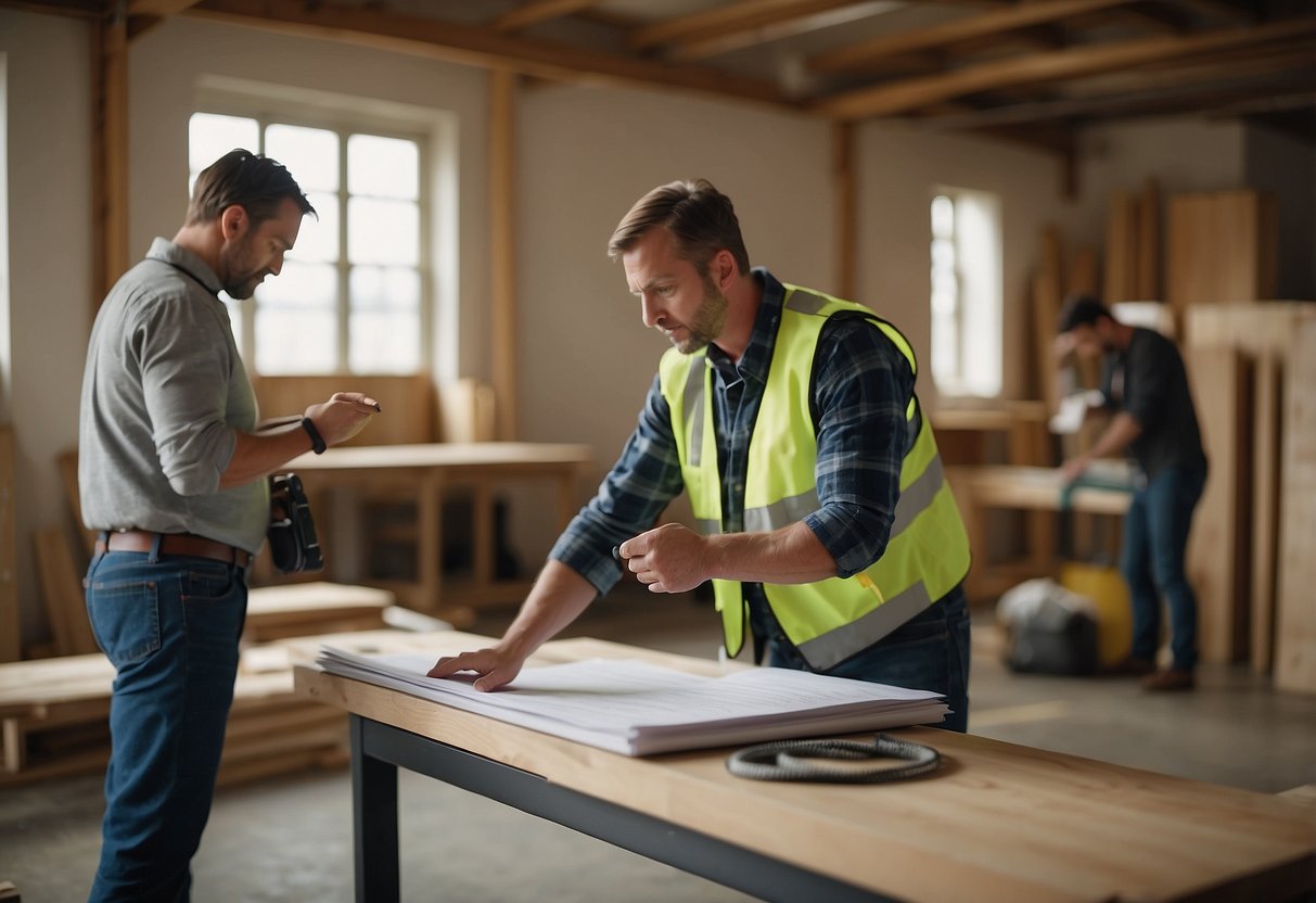 A furniture contractor measuring and inspecting a room for a new project