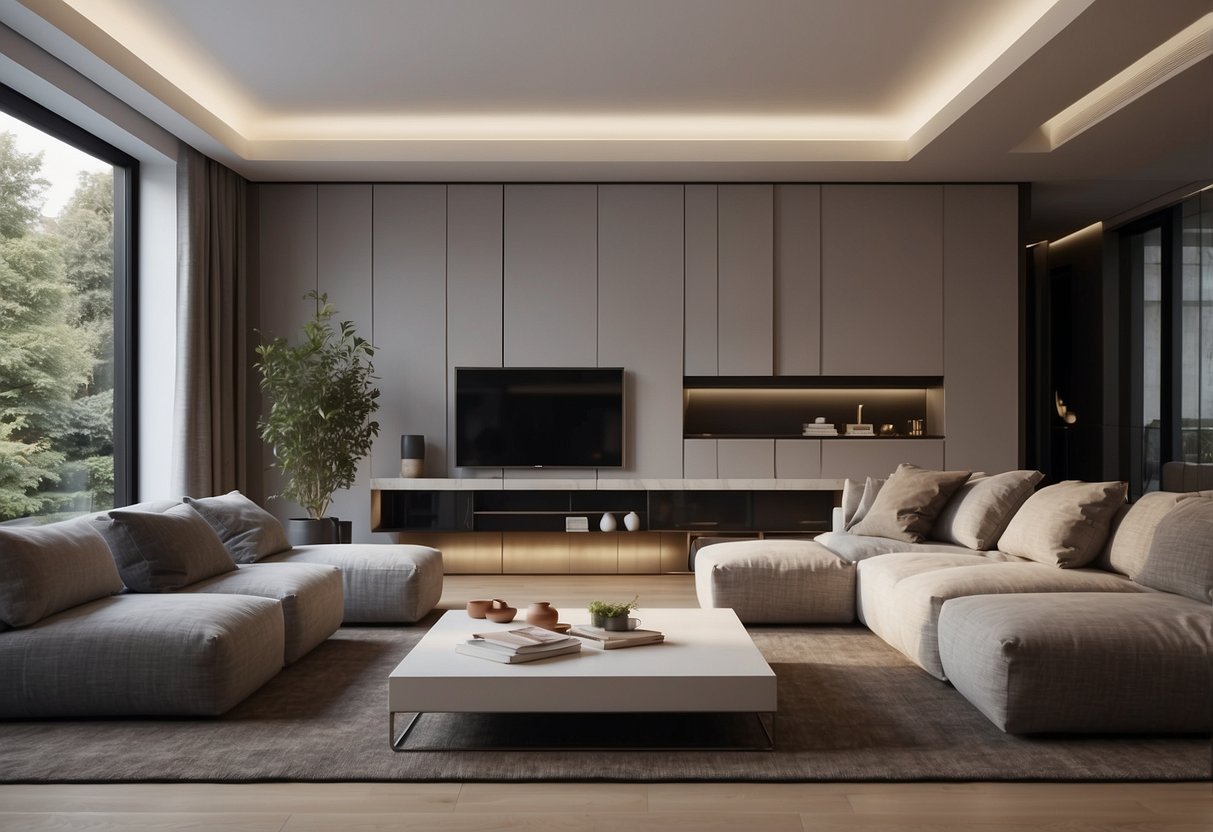 A modern living room with sleek, minimalist furniture arranged in a spacious and well-lit area