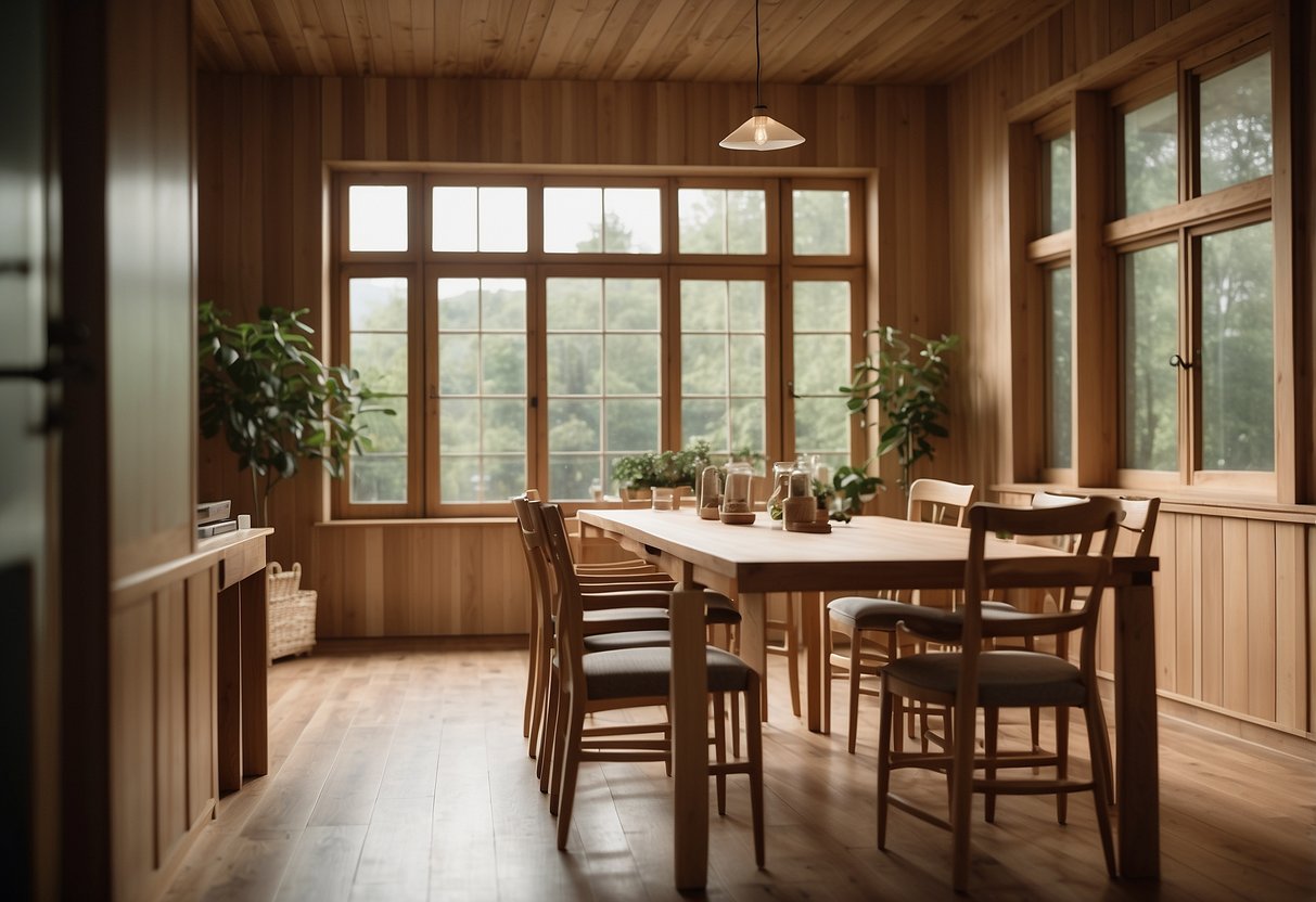 A room with new wooden furniture emitting a strong, fresh scent. A window is open, allowing fresh air to circulate and dissipate the wood smell