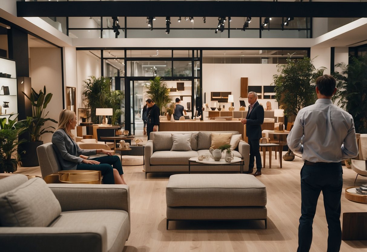 A bustling furniture showroom with customers browsing Kettal pieces, sales staff assisting, and promotional signs highlighting the sale