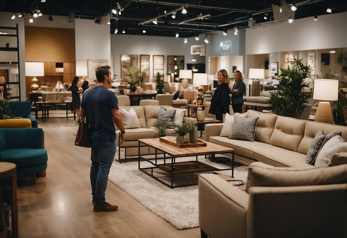 A busy furniture showroom with customers browsing and staff assisting. Displayed items include sofas, tables, and chairs. Signs indicate "Frequently Asked Questions" area