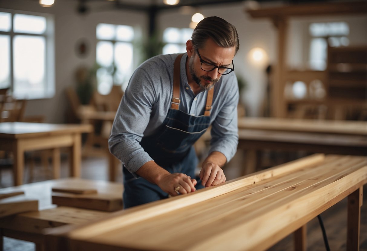 A person carefully measures and selects solid wood furniture in a spacious, well-lit showroom. Later, they are seen gently dusting and polishing the furniture in their cozy, well-decorated home