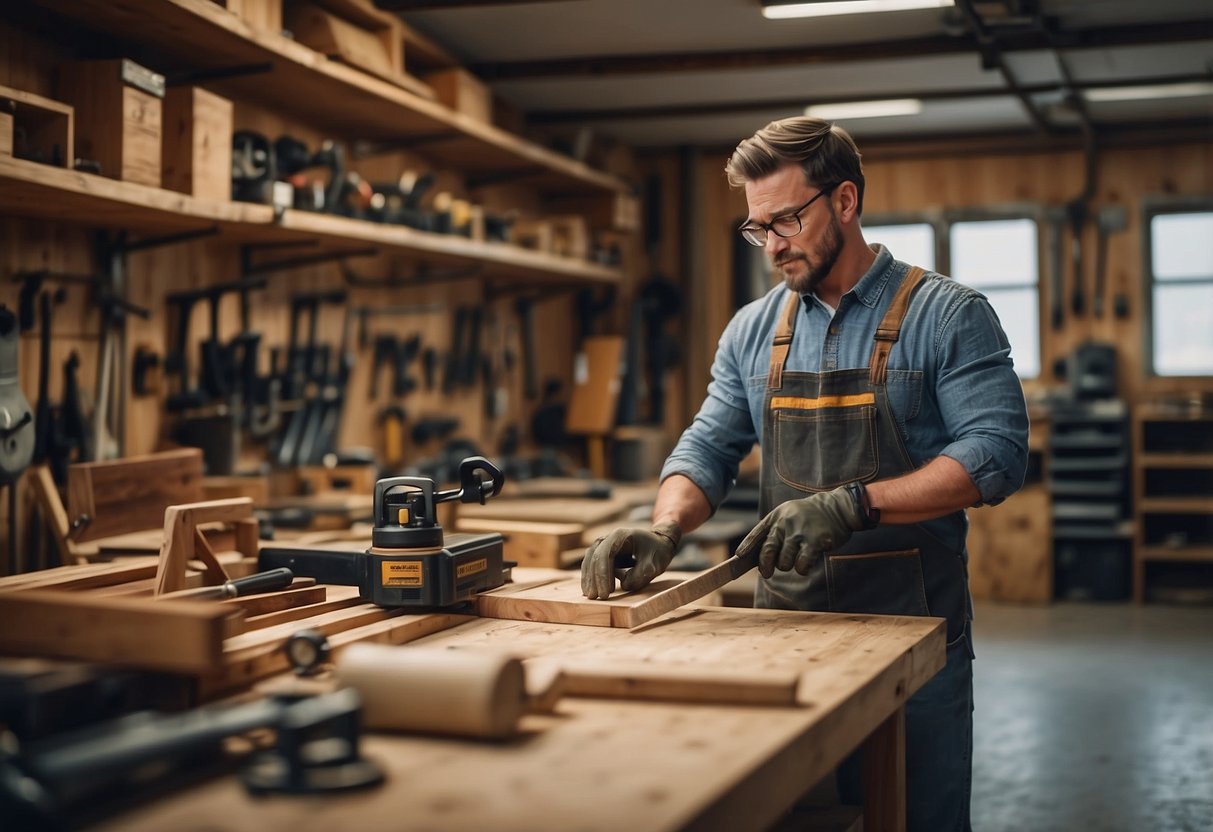 A contractor in a workshop, measuring and cutting wood for furniture. Tools and materials are neatly organized on shelves