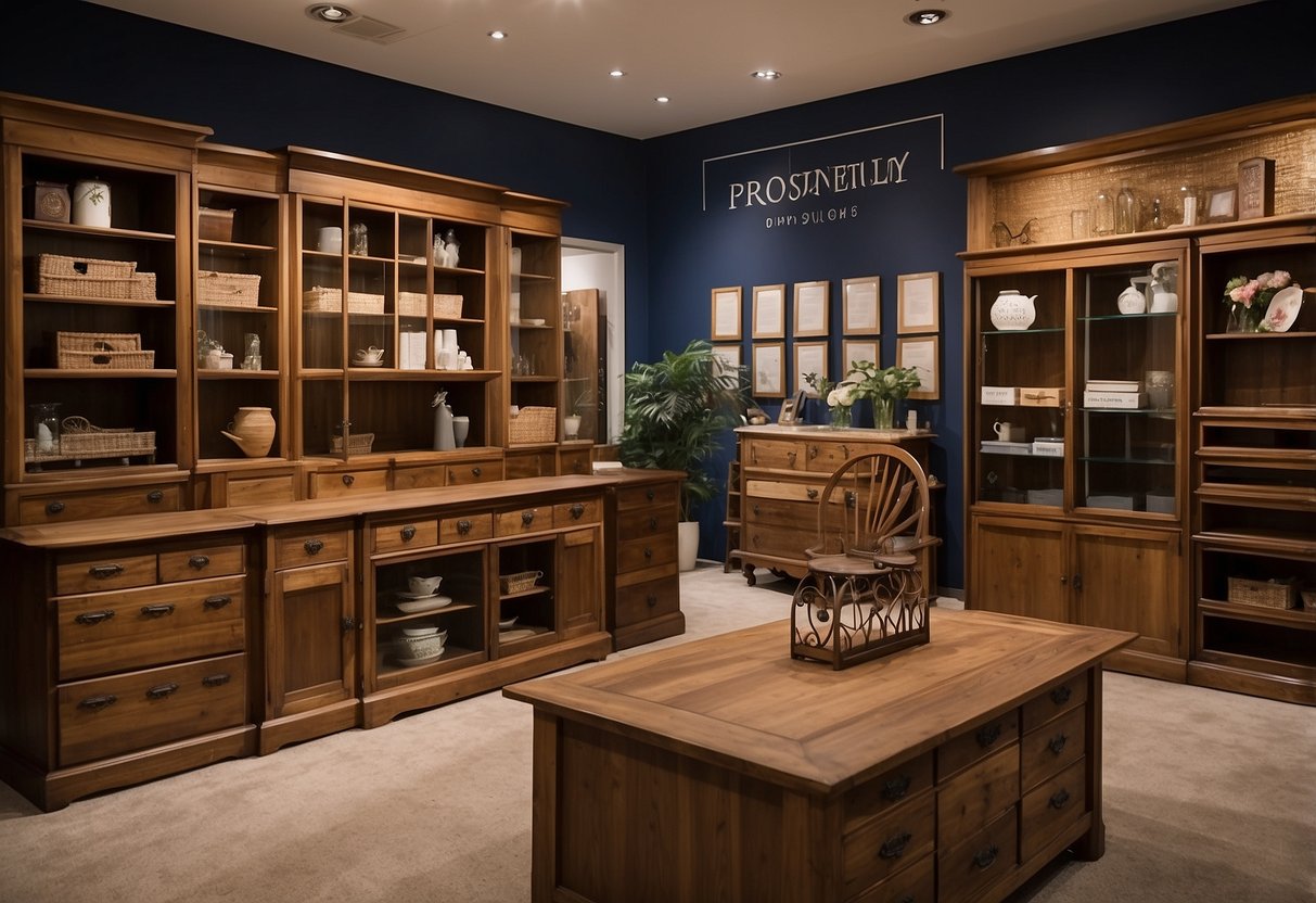 A showroom displaying a variety of solid wood furniture with a sign reading "Frequently Asked Questions" prominently displayed