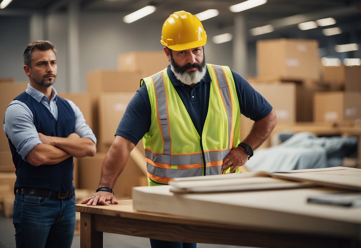 A contractor surrounded by furniture, answering questions from clients
