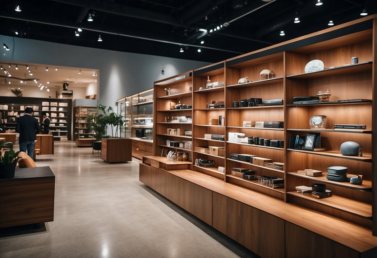 Customers browse shelves, admiring polished wood and sleek metal. Bright lights highlight the array of furniture on display