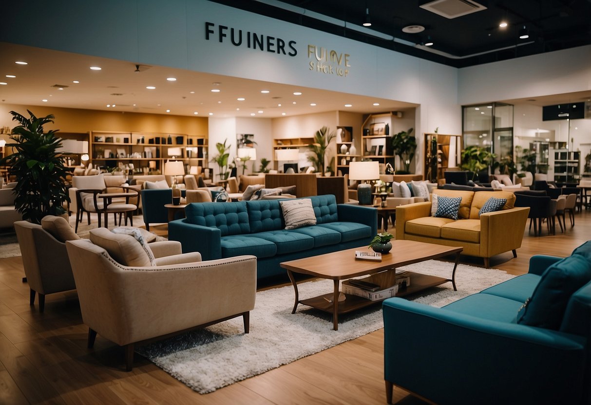 The furniture shop in Sembawang is bustling with customers browsing through the wide selection of sofas, tables, and chairs. The friendly staff are seen assisting customers and providing excellent customer service