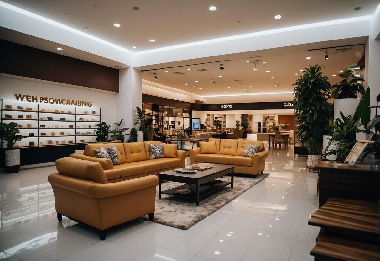 A spacious furniture shop with neatly arranged displays and a prominent "Frequently Asked Questions" sign in the bustling Sembawang area