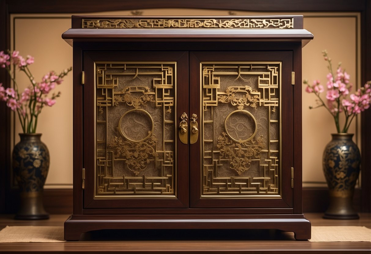 A traditional Korean cabinet sits against a paper screen, adorned with intricate brass hardware and delicate floral motifs