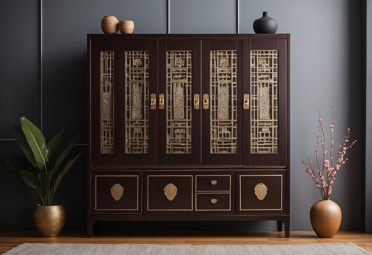 A modern Korean cabinet stands against a minimalist backdrop, showcasing sleek lines and traditional craftsmanship. Its doors are adorned with intricate geometric patterns, and its shelves hold a variety of decorative and functional items