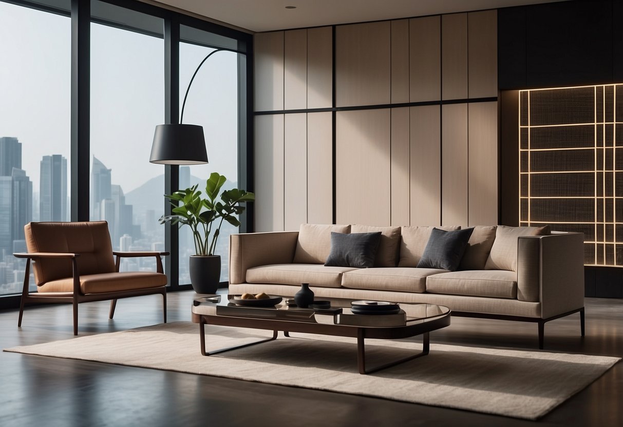 A sleek and modern Korean cabinet furniture set against a clean and minimalist backdrop, with soft lighting highlighting its elegant design