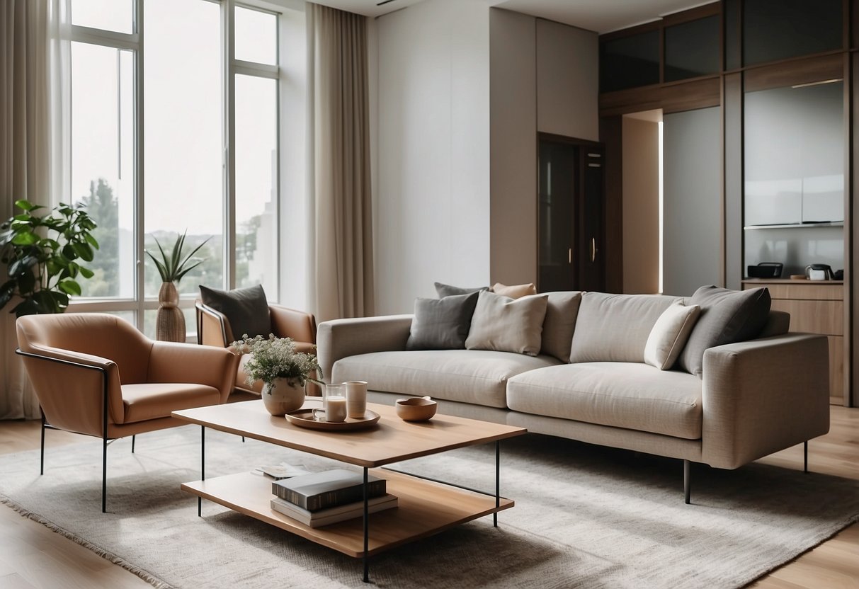 A modern living room with minimalist furniture, clean lines, and neutral colors. A sleek sofa, a simple coffee table, and a statement armchair