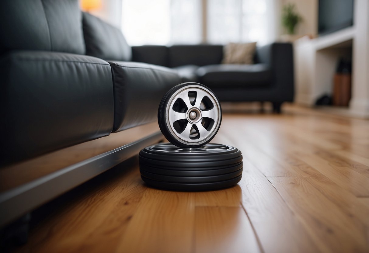 Furniture wheel stoppers under a heavy sofa, preventing it from moving on a hardwood floor