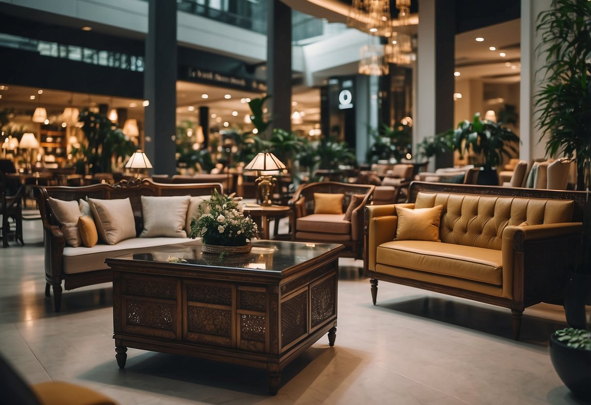Several furniture shops line the bustling streets of Singapore, showcasing a variety of modern and traditional pieces