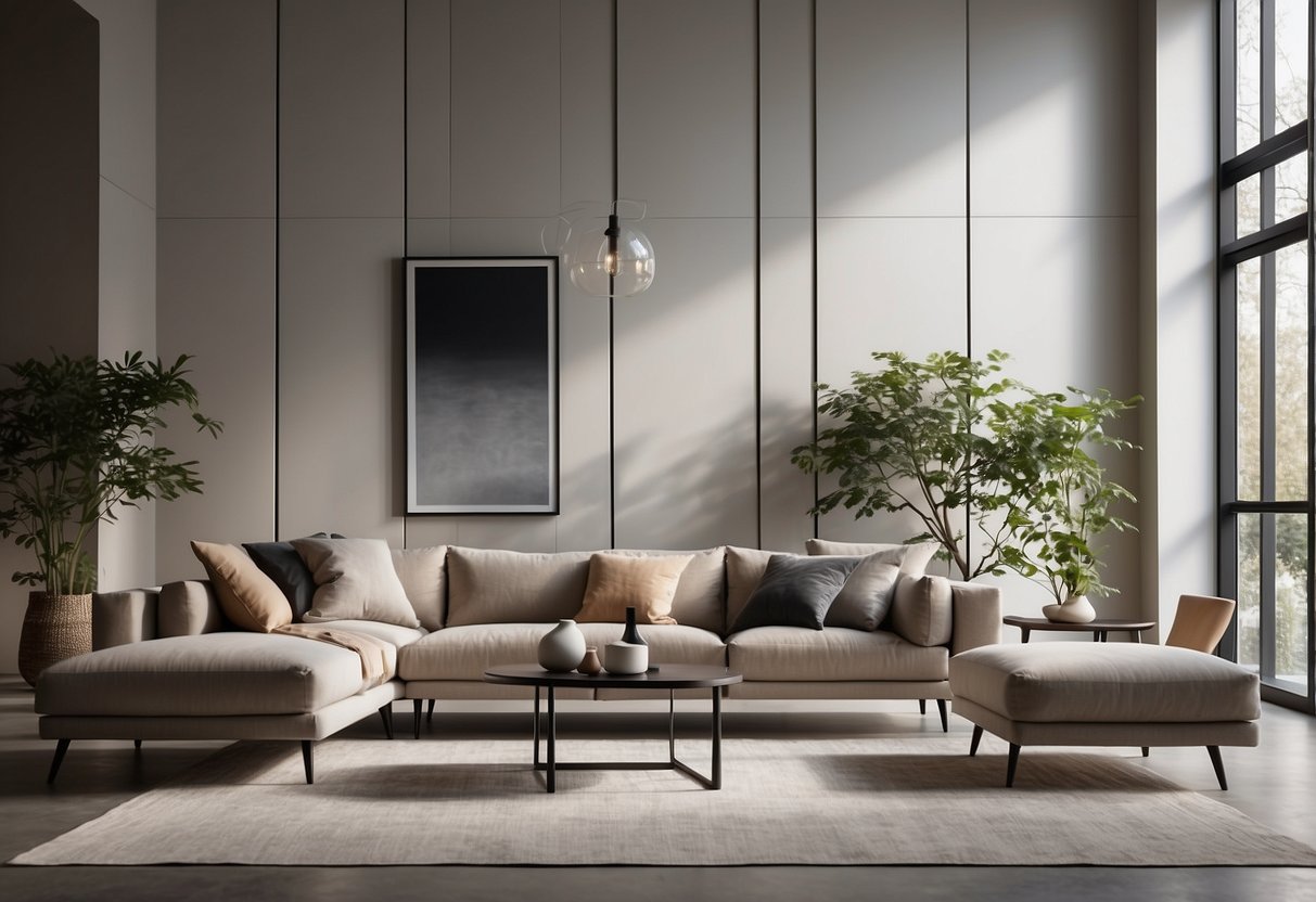 Sleek, minimalist furniture arranged in an open, airy space with natural light streaming in. Clean lines, neutral colors, and a focus on functionality
