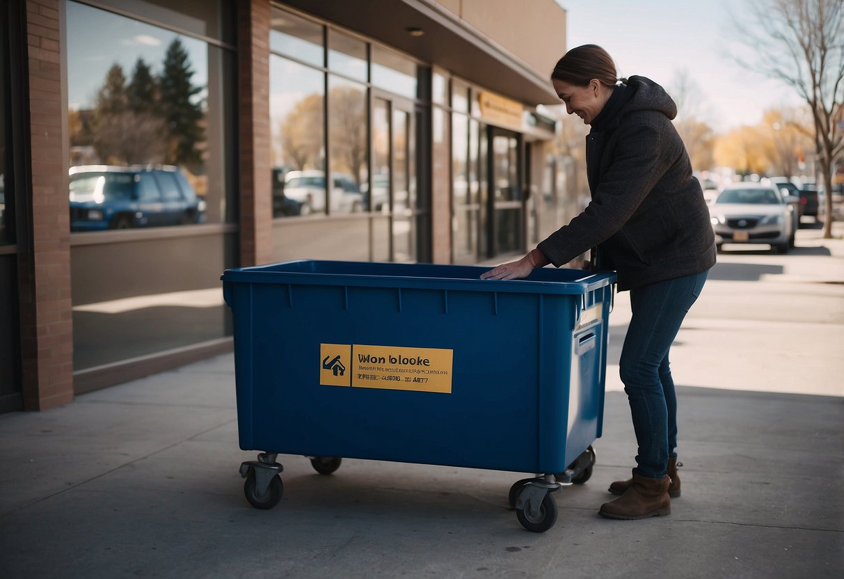 A person placing furniture items in a donation bin outside a charity organization in Calgary