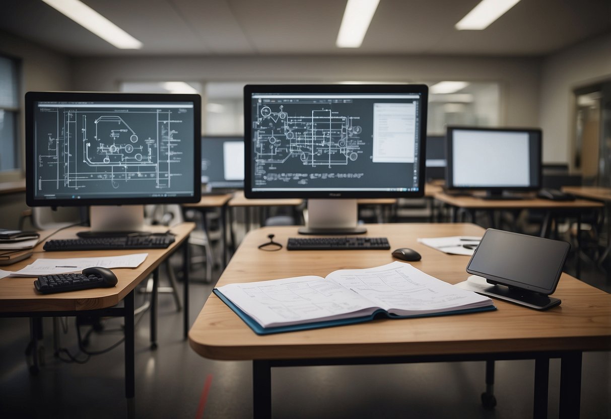 A classroom filled with drafting tables, computers, and various design software. A whiteboard displays technical diagrams and equations