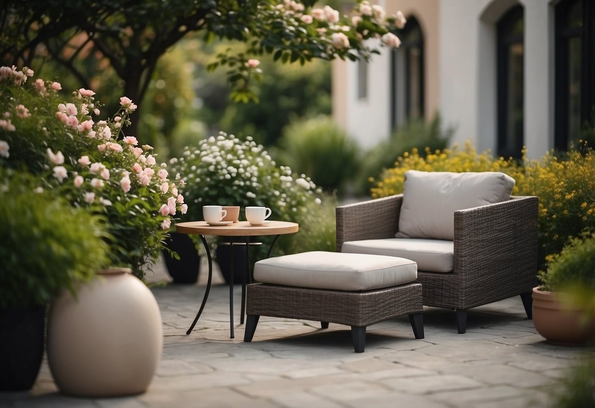 Low outdoor furniture: A cozy seating area with a coffee table, surrounded by lush greenery and blooming flowers