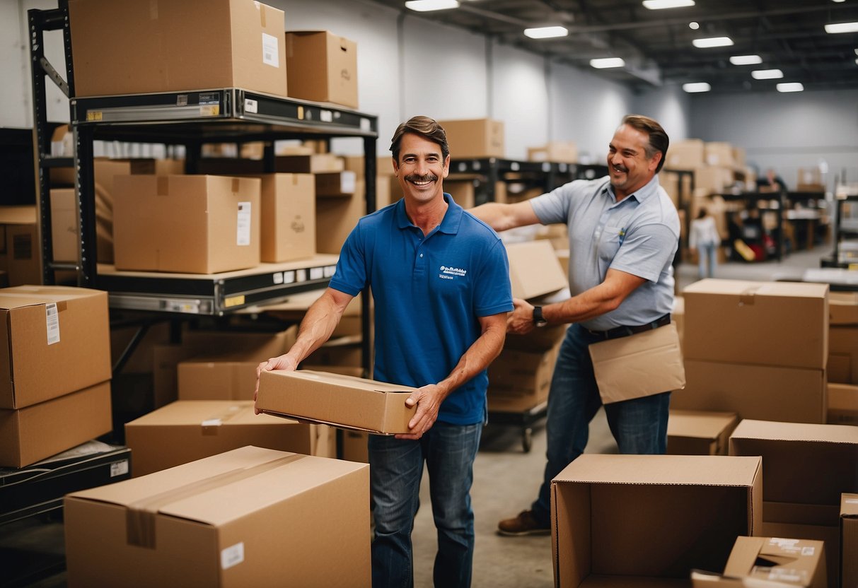 A family happily donates their old furniture to a donation center, while a volunteer helps unload the items. The center is filled with neatly organized furniture and household items, ready to be given to those in need