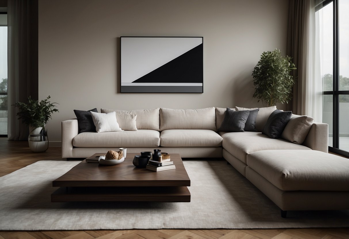 A modern living room with sleek, minimalist furniture in neutral tones. Clean lines and geometric shapes create a contemporary and sophisticated atmosphere