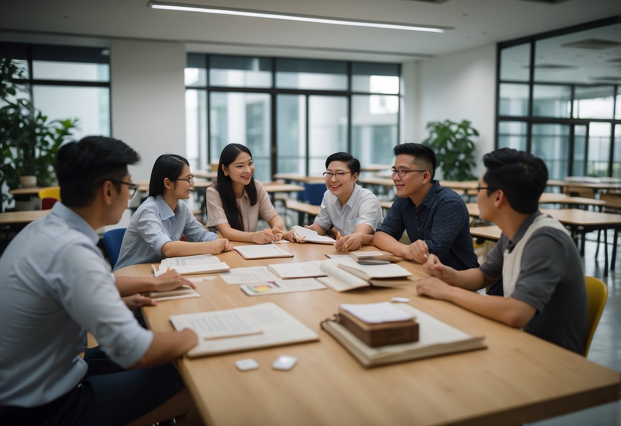 A classroom setting with students and an instructor discussing furniture design in Singapore. Tables, chairs, and design sketches are visible