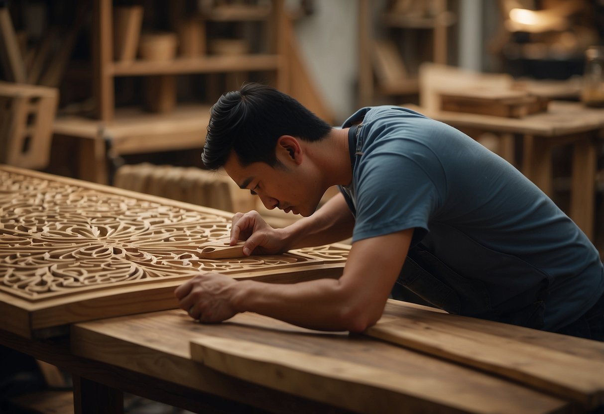 A carpenter meticulously carves intricate designs on a custom-made wooden table in a bustling furniture shop in Singapore