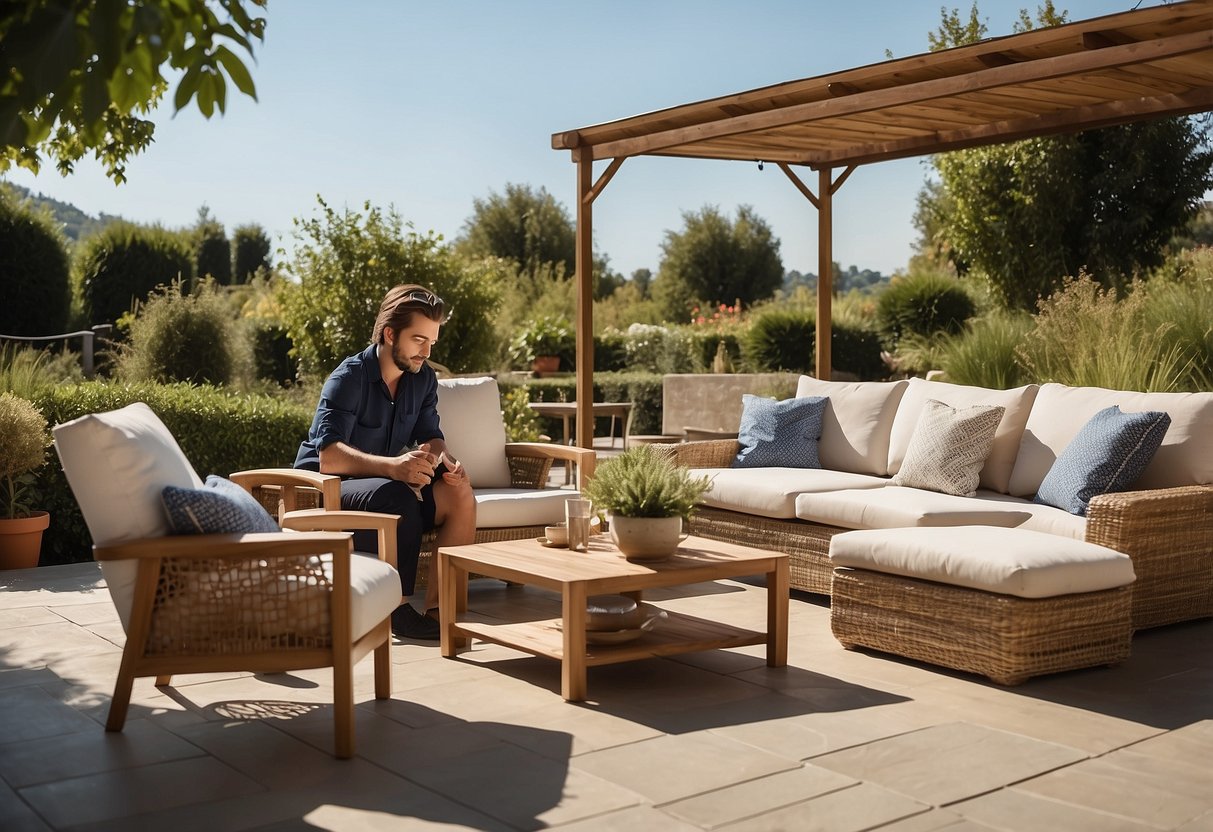 A person arranging low outdoor furniture on a patio, surrounded by greenery and under a clear blue sky