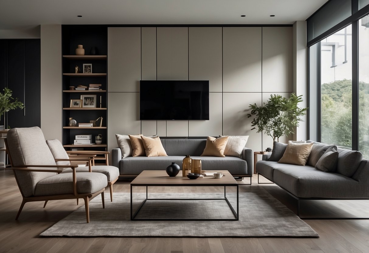 A modern living room with trendy furniture pieces arranged in a stylish and functional manner. The space exudes a sense of comfort and sophistication, with clean lines and a minimalist aesthetic