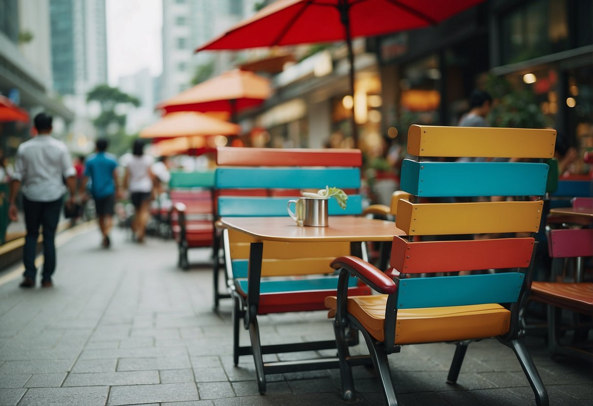 A bustling street in Singapore, with various furniture shops lining the sidewalks. Brightly colored signs and bustling foot traffic