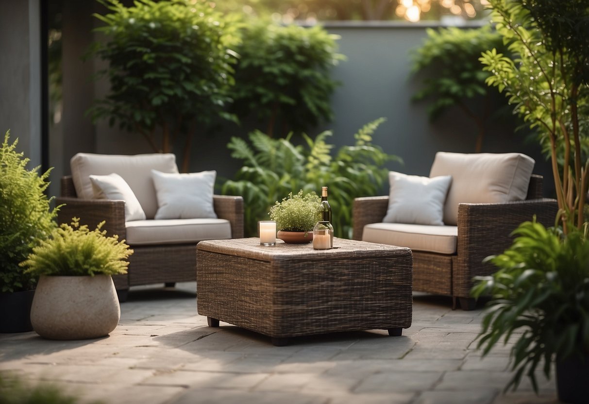Low outdoor furniture arranged in a cozy setting with a small table and chairs, surrounded by lush greenery and warm natural lighting