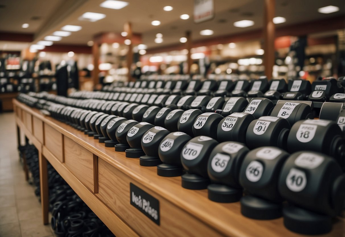 A furniture store with rows of wheel stoppers on display, price tags clearly marked. A sign advertises "Best Deals" above a checkout counter