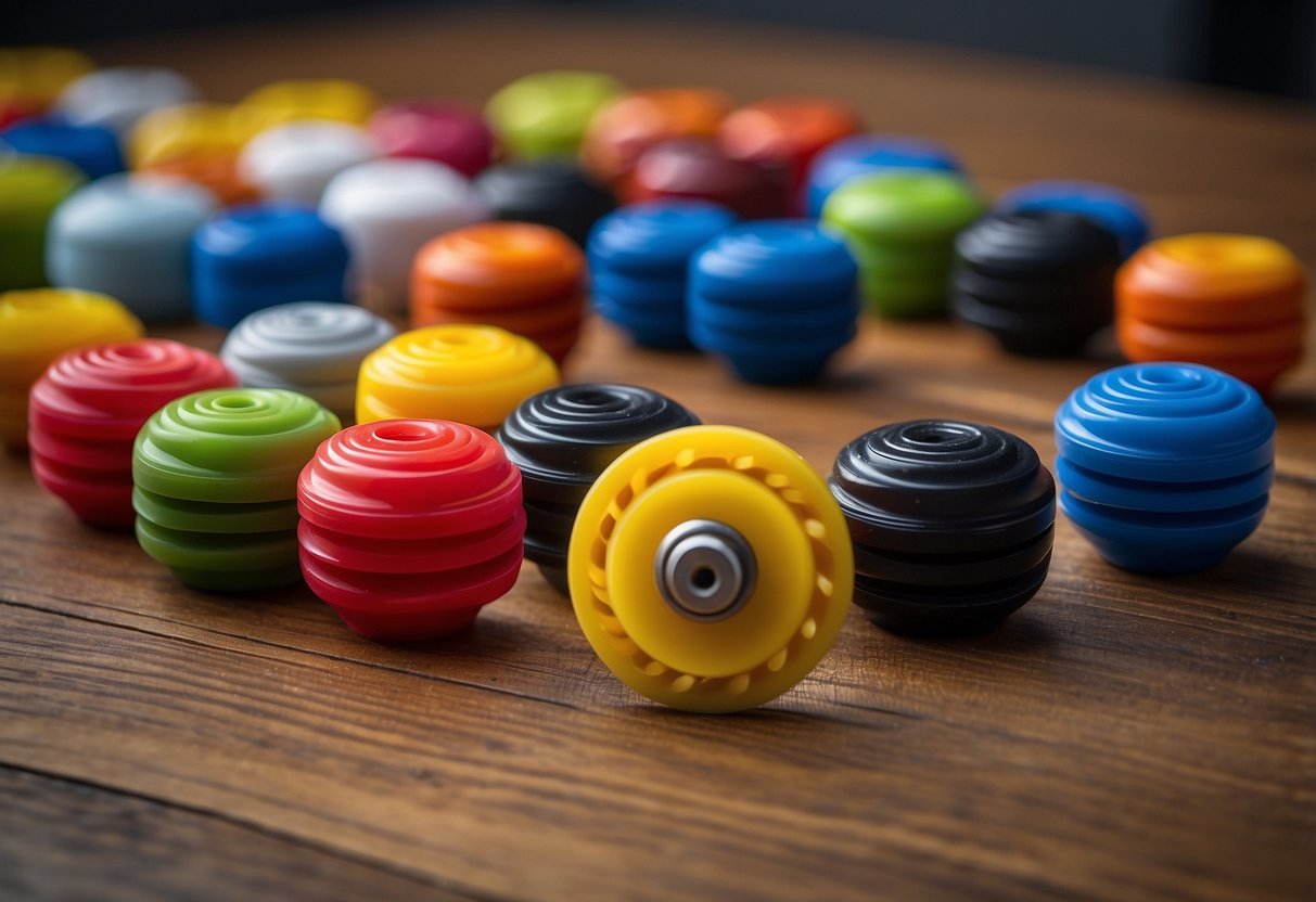 A set of furniture wheel stoppers arranged neatly on a wooden floor, with various sizes and colors displayed