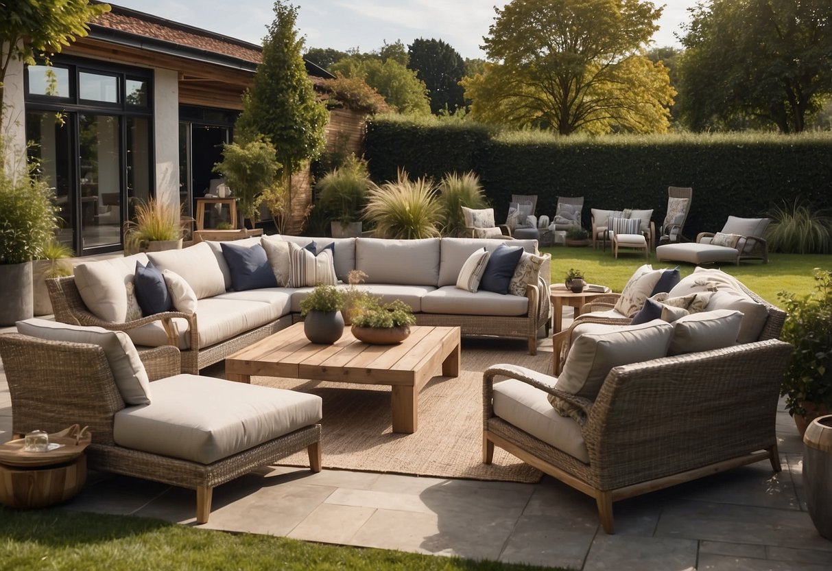 A variety of garden furniture brands displayed in a spacious outdoor showroom, showcasing different materials and designs