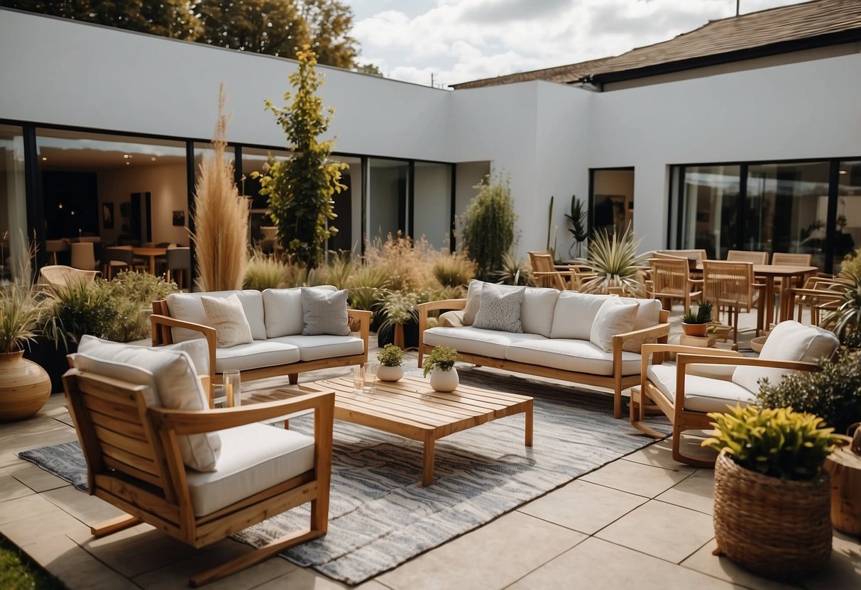 Customers browsing garden furniture brands in a spacious outdoor showroom with various styles and materials on display