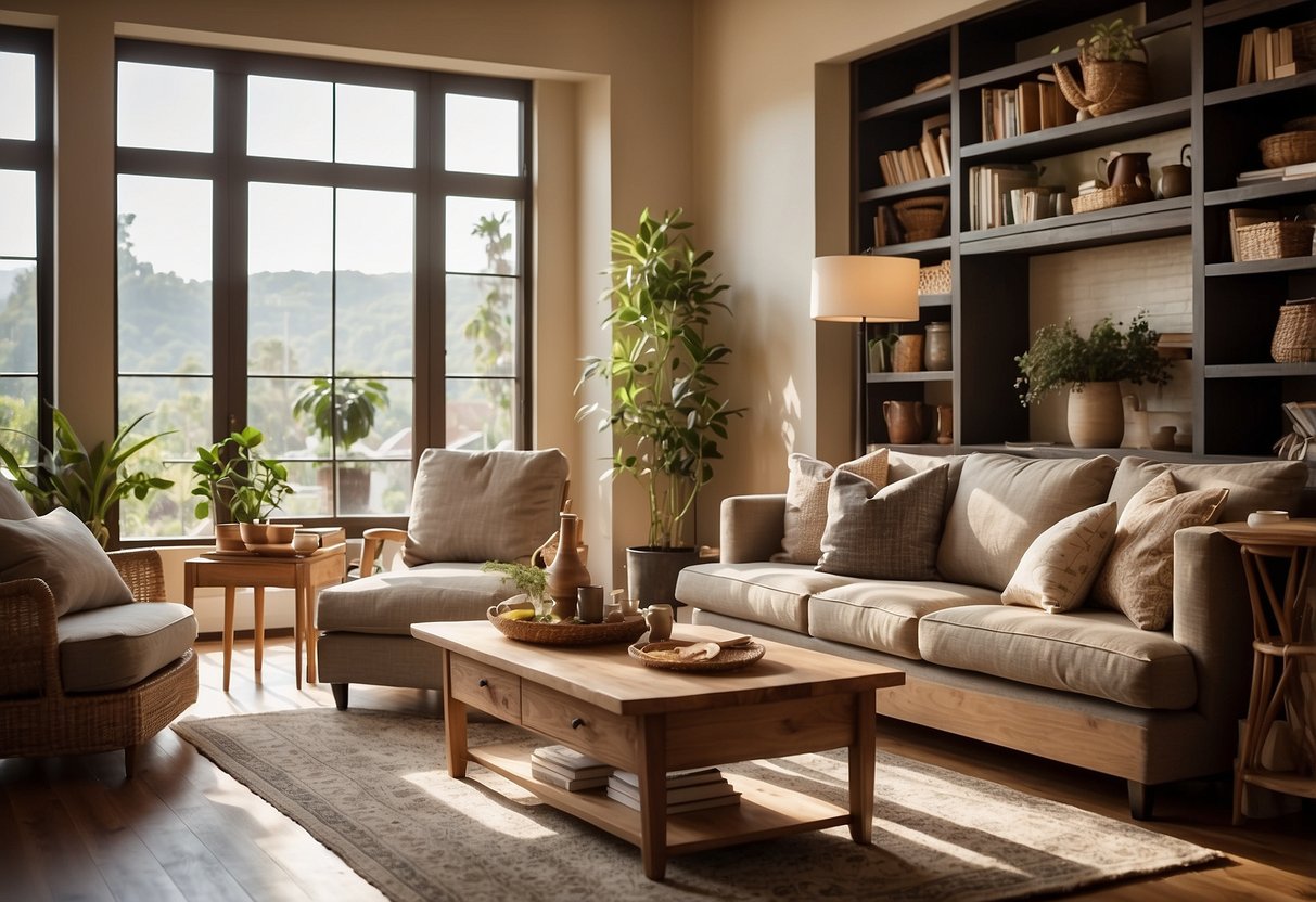 A cozy living room with a mango wood coffee table, bookshelf, and dining set. Soft natural light highlights the rich, warm tones of the wood, creating a welcoming and stylish atmosphere
