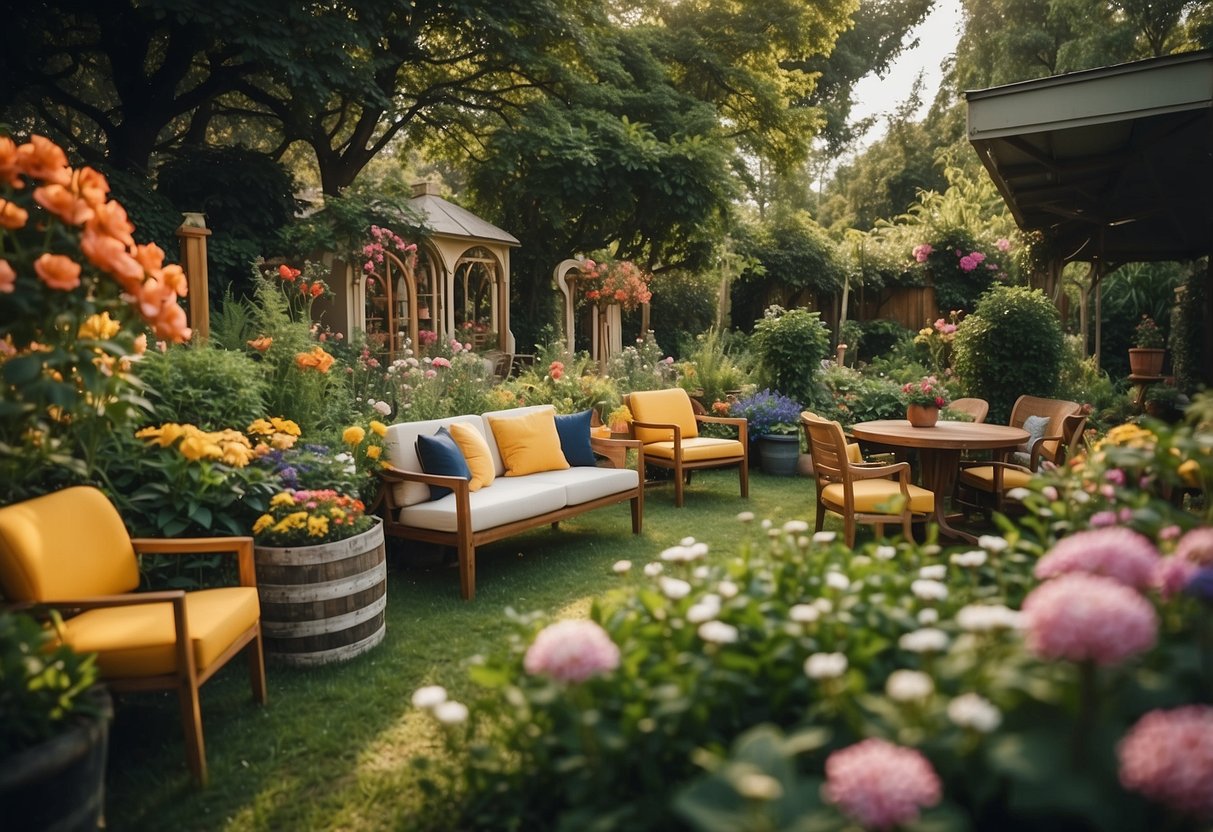 A colorful garden with various furniture brands displayed in an organized manner, surrounded by lush greenery and blooming flowers