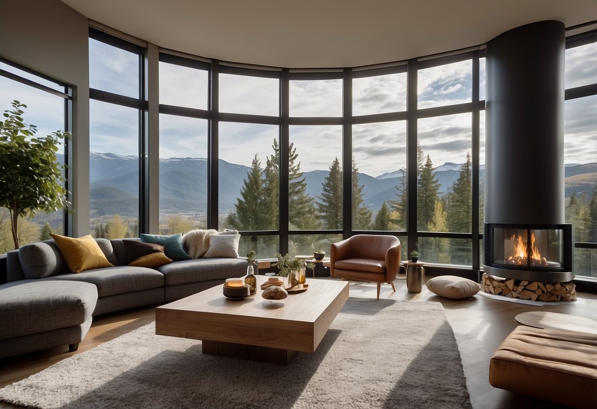 A spacious living room with modern furniture and large windows. A cozy reading nook by the fireplace and a sleek dining area with a view