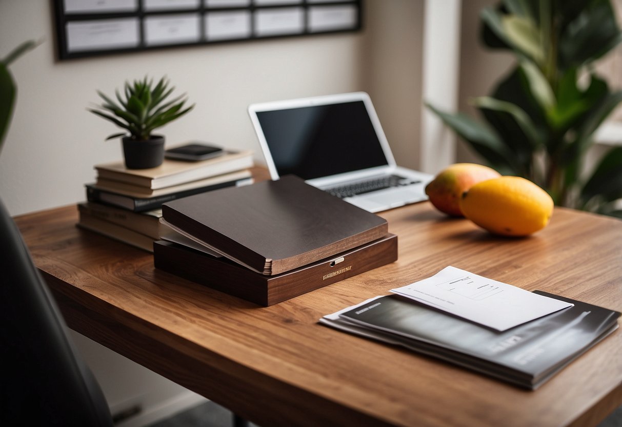 A sleek, modern desk made of mango wood sits in a bright, minimalist room. A stack of brochures labeled "Frequently Asked Questions" sits on the desk