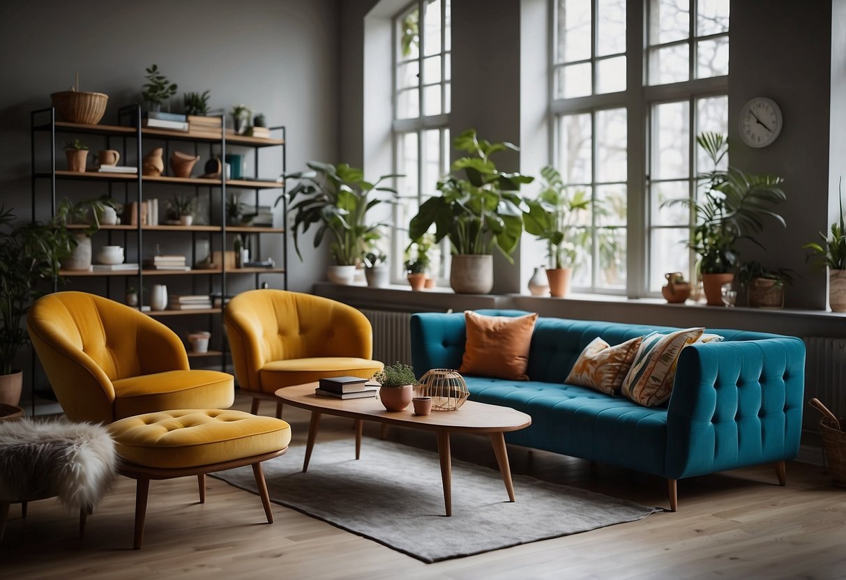 A room filled with colorful and creative furniture pieces, arranged in a stylish and functional manner. The space feels inviting and cozy, with a variety of unique and practical design elements