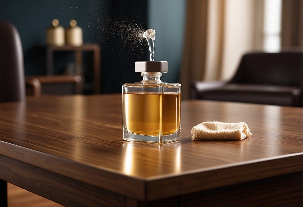 A cloth rubs teak furniture with a mixture of warm water and mild soap to remove stains