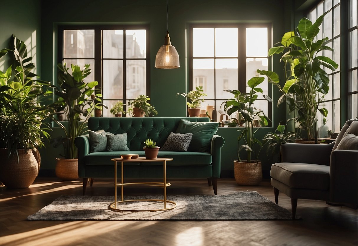 The green room is furnished with a plush sofa, a velvet armchair, and a glass coffee table. A potted plant sits in the corner, and sunlight streams in through the window