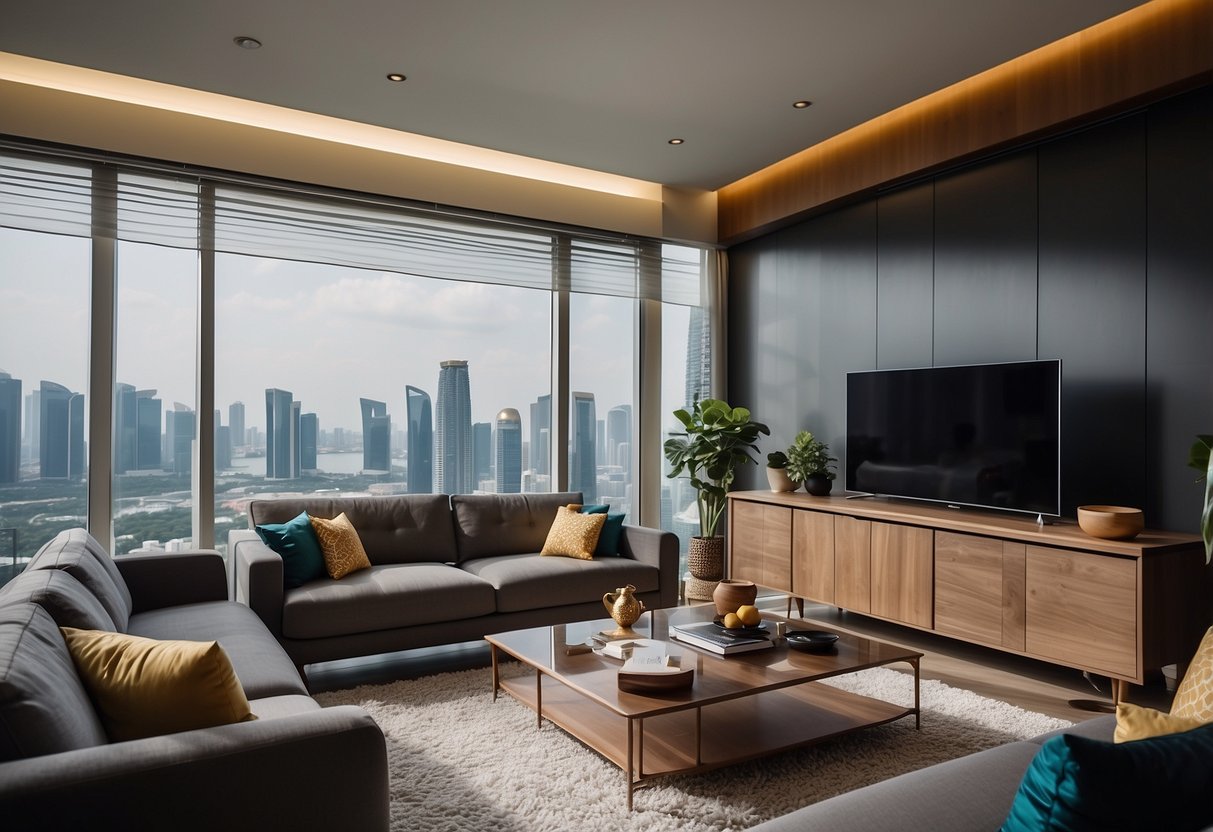 A modern living room with sleek furniture and vibrant decor, set against the backdrop of the Singapore city skyline