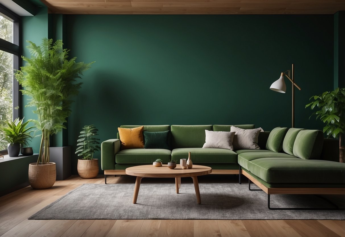 A living room with green walls and a matching sofa, accented with natural wood furniture and leafy plants