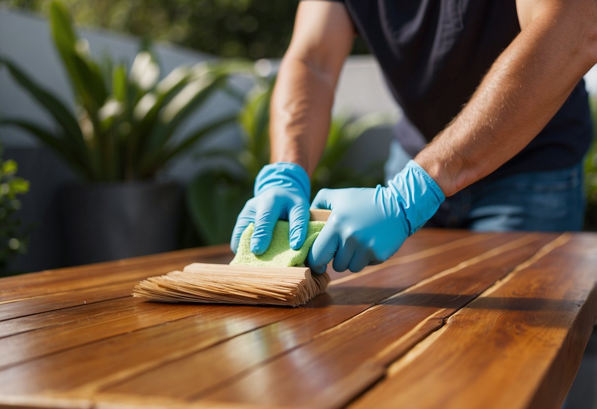 A teak table sits on a patio, stained with water marks. A person applies teak cleaner with a brush, scrubbing the surface to remove the stains and reveal the wood's natural beauty