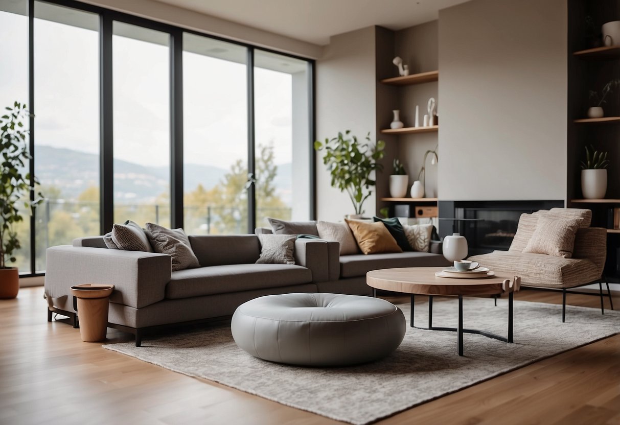 A sleek, minimalist living room with a cozy dog bed, stylish elevated food and water bowls, and a contemporary pet-friendly sofa